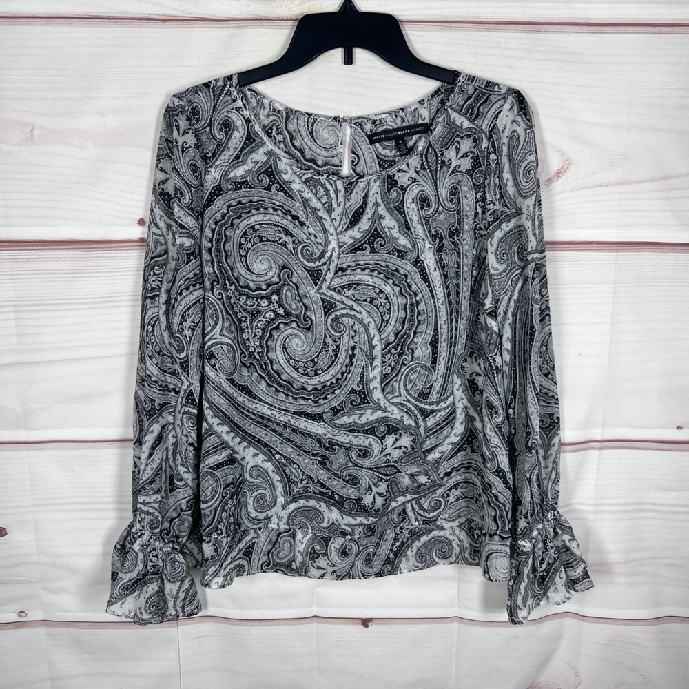 White House Black Market Blouse Womens 8 Black White Paisley Ruffle Cuff Chiffon
